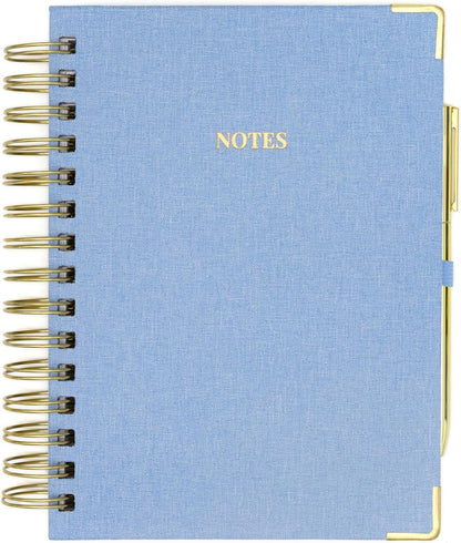 ELYN Lined Spiral Journal, Linen Hardcover Notebook with Matching Gold Gel Pen, 252 Pages, 8 in x 5 in - 100 GSM Premium Paper, Spiral Notebook for Home, Office, Notes & Gifts, (Linen)