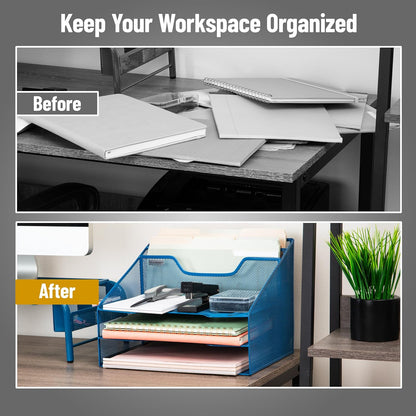 Mind Reader Metal Mesh Desktop File Organizer, 3-Tier Paper Tray with 5 Compartments, Office Mail Sorter, White