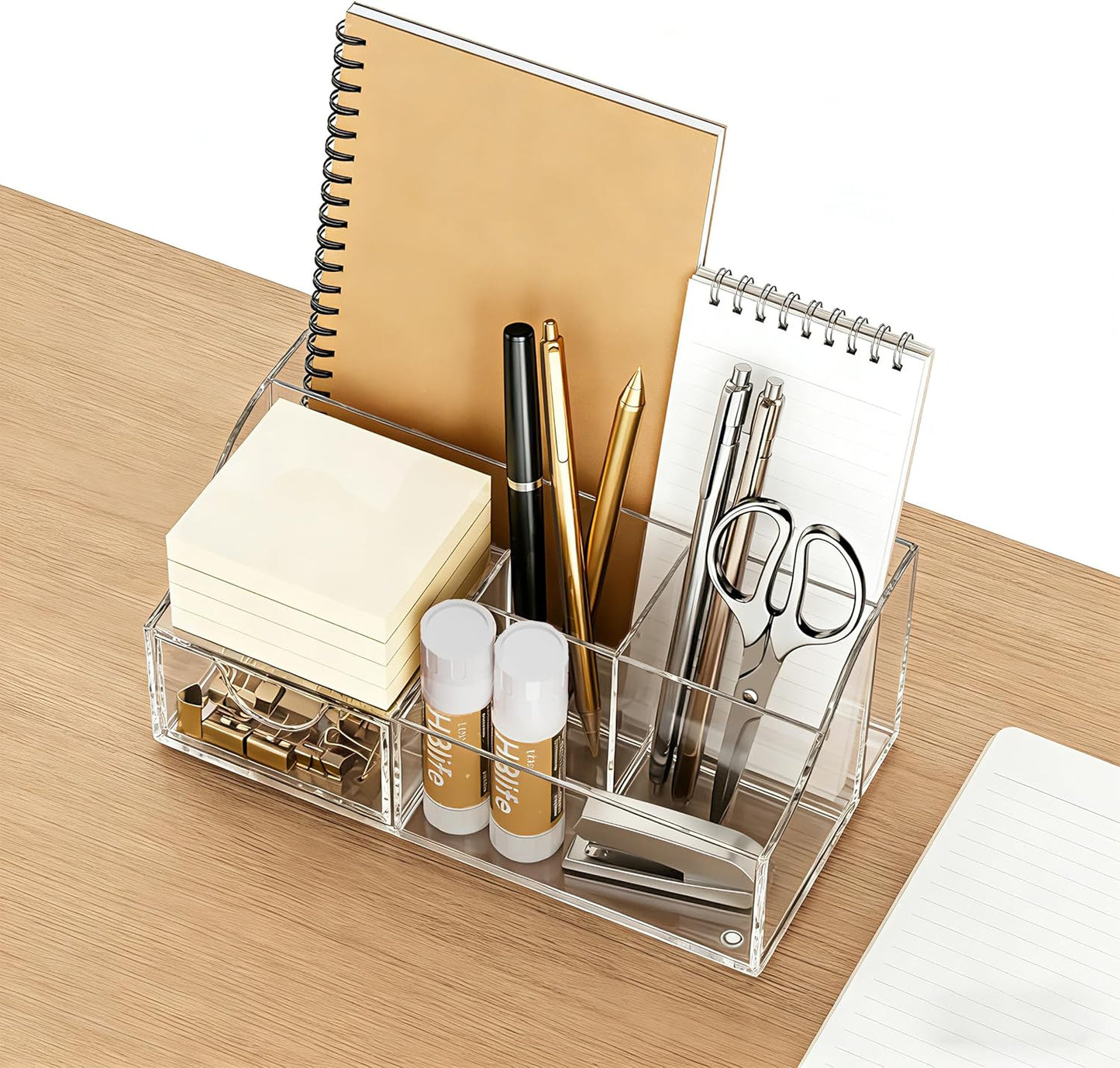 HBlife Acrylic Desk Organizer with 6 Compartments, Pen & Pencil Holder, Clear Multifunctional Desktop Caddy for Office Supply and Organization