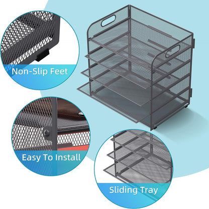 Supeasy 5 Trays Paper Organizer Letter Tray with Handle-Mesh Desk File Holders, Paper Sorter Desk Organizer for Office, Home, Classroom or School, White