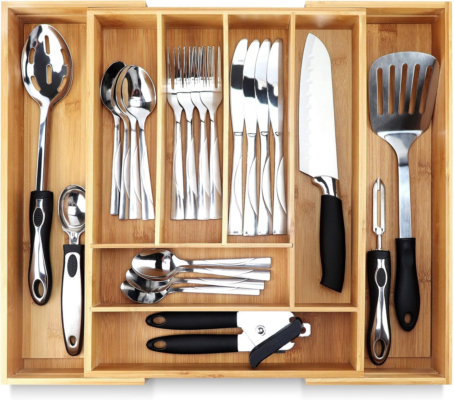 Pristine Bamboo Expandable Drawer Organizers for Kitchen - Extra Deep Non-Slip 17” x 14.6” (expands up to 25 inches) - Dark Wooden Silverware Divider (10 Compartments) – Organize Cooking Utensils