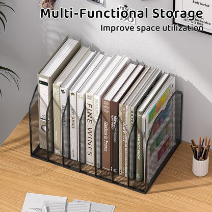 FANXIYQ Metal 7-Section File Folder Organizer for Desk | Vertical Office File Holder | Heavy-Duty Mesh Document Sorter for Books, Binders, Laptops | Black Desk Organizer (12.8”x8.5”x7.9”)