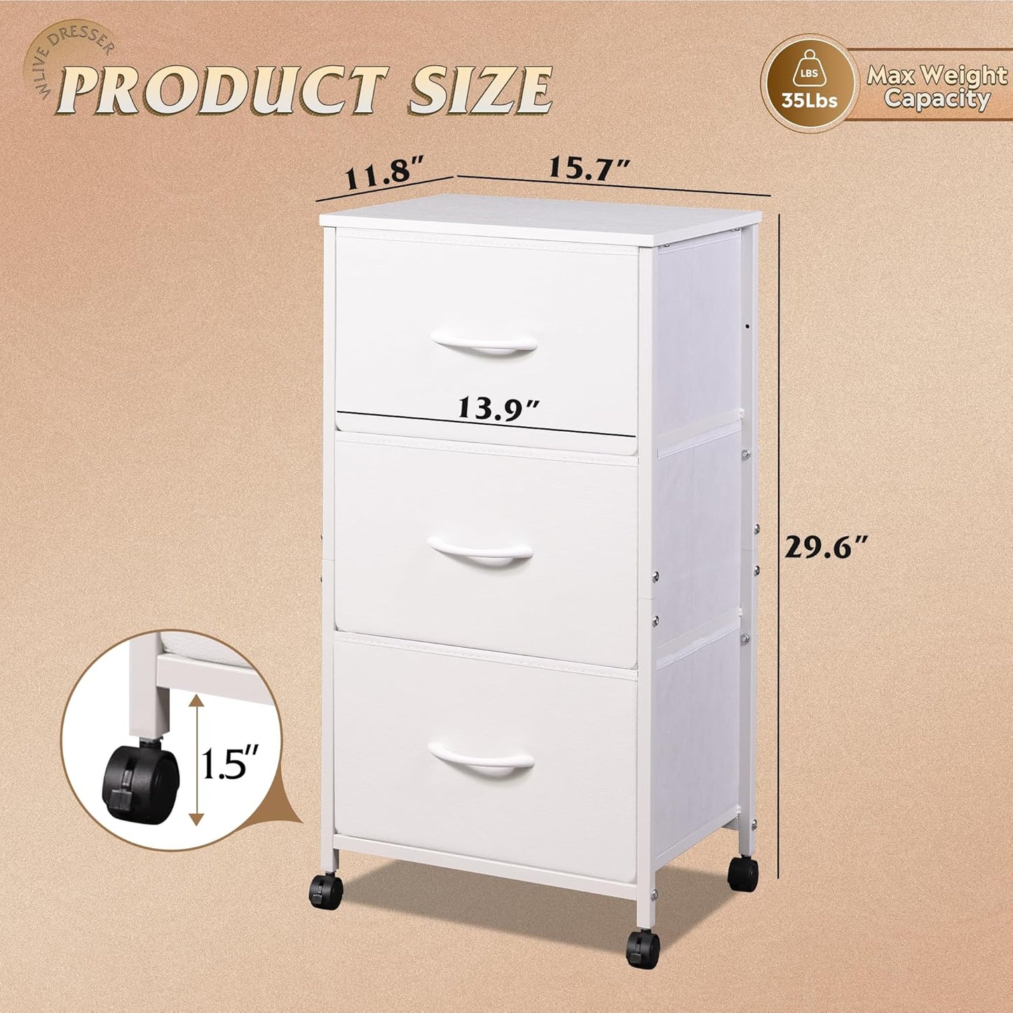 WLIVE Dresser with 3 Drawers, Fabric Nightstand, Cabinet with Wheels, Organizer Storage Dresser for Bedroom, Office, Entryway, Closets, Sturdy Steel Frame, Wood Top, Easy Pull Handle, White