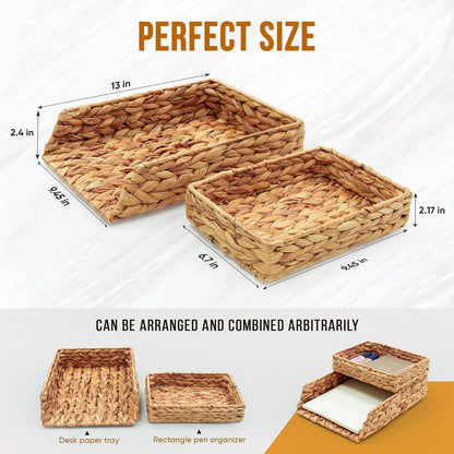 HAMOTOPI Desk Organizer Letter Tray Set of 2, Woven Water Hyacinth Tabletop Desktop for Storage Paper Letter Folders Notebooks Copy Print, Workspace Holder, Keep Stationery Saver