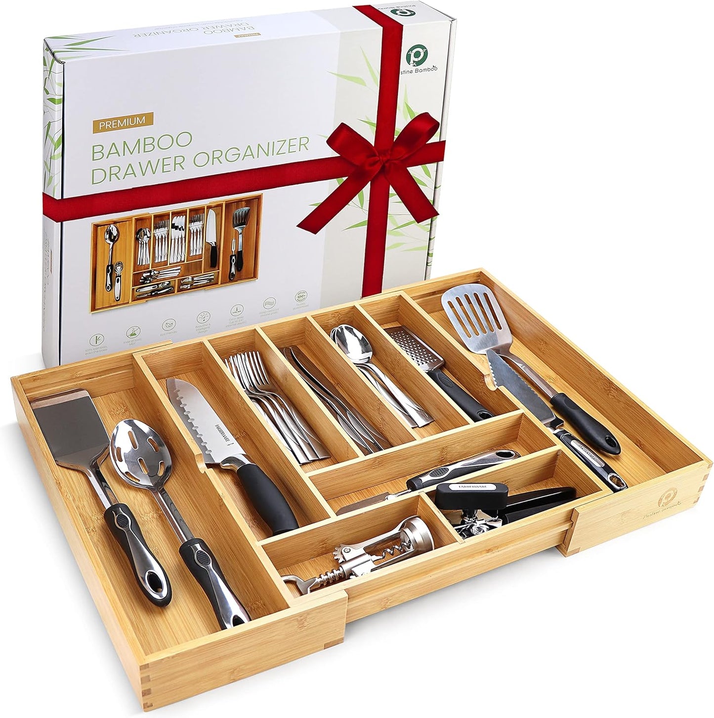 Pristine Bamboo Expandable Drawer Organizers for Kitchen - Extra Deep Non-Slip 17” x 14.6” (expands up to 25 inches) - Dark Wooden Silverware Divider (10 Compartments) – Organize Cooking Utensils