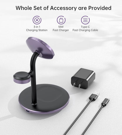 XooFly 3 in 1 Wireless Charging Station for Apple Devices, Fast Wireless Mag-Safe Charger Stand with 20W Adapter for iPhone 17 16 15 14 13 12 Pro Max/Air/Plus/Pro,iWatch,AirPods-Gift for Wife&Husband