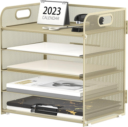 Supeasy 5 Trays Paper Organizer Letter Tray with Handle-Mesh Desk File Holders, Paper Sorter Desk Organizer for Office, Home, Classroom or School, White
