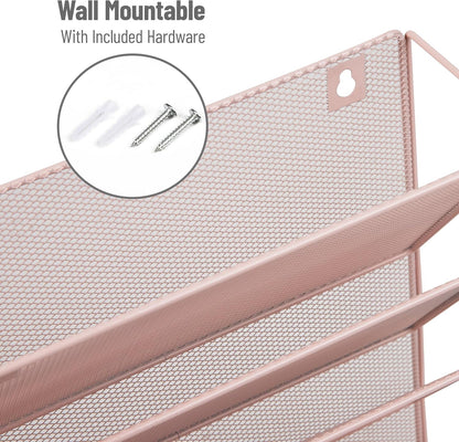 Mind Reader 5-Pocket Vertical File Storage, Desktop Organizer, Wall Mount, Office, Metal Mesh, Pink
