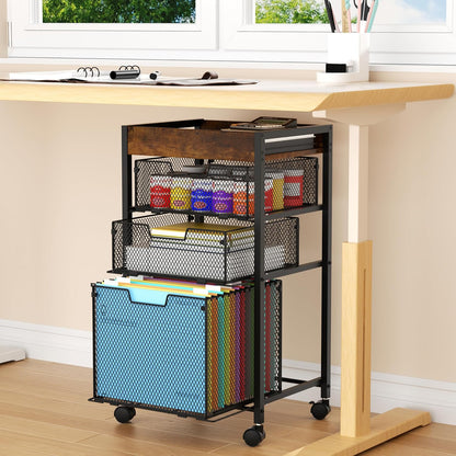 SWTYMIKI Rolling File Cart with Drawers - 4 Tier Under Desk Storage Craft Rolling Organizer Cart - Office Storage &Organization, Mobile Metal Filing Cabinet for Office and Home Espresso