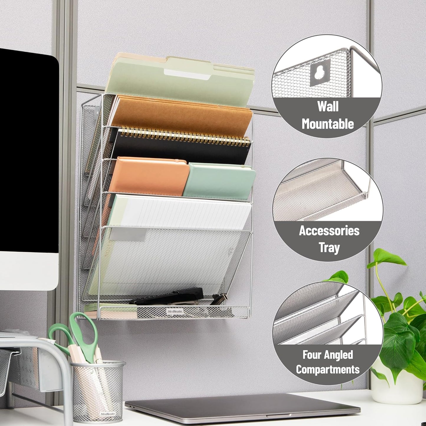 Mind Reader 5-Pocket Vertical File Storage, Desktop Organizer, Wall Mount, Office, Metal Mesh, Pink