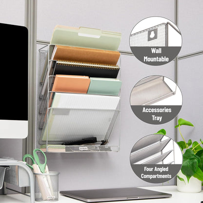 Mind Reader 5-Pocket Vertical File Storage, Desktop Organizer, Wall Mount, Office, Metal Mesh, Pink