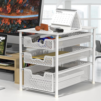 Simple Houseware Stackable 3 Tier Sliding Basket Organizer Drawer, Silver