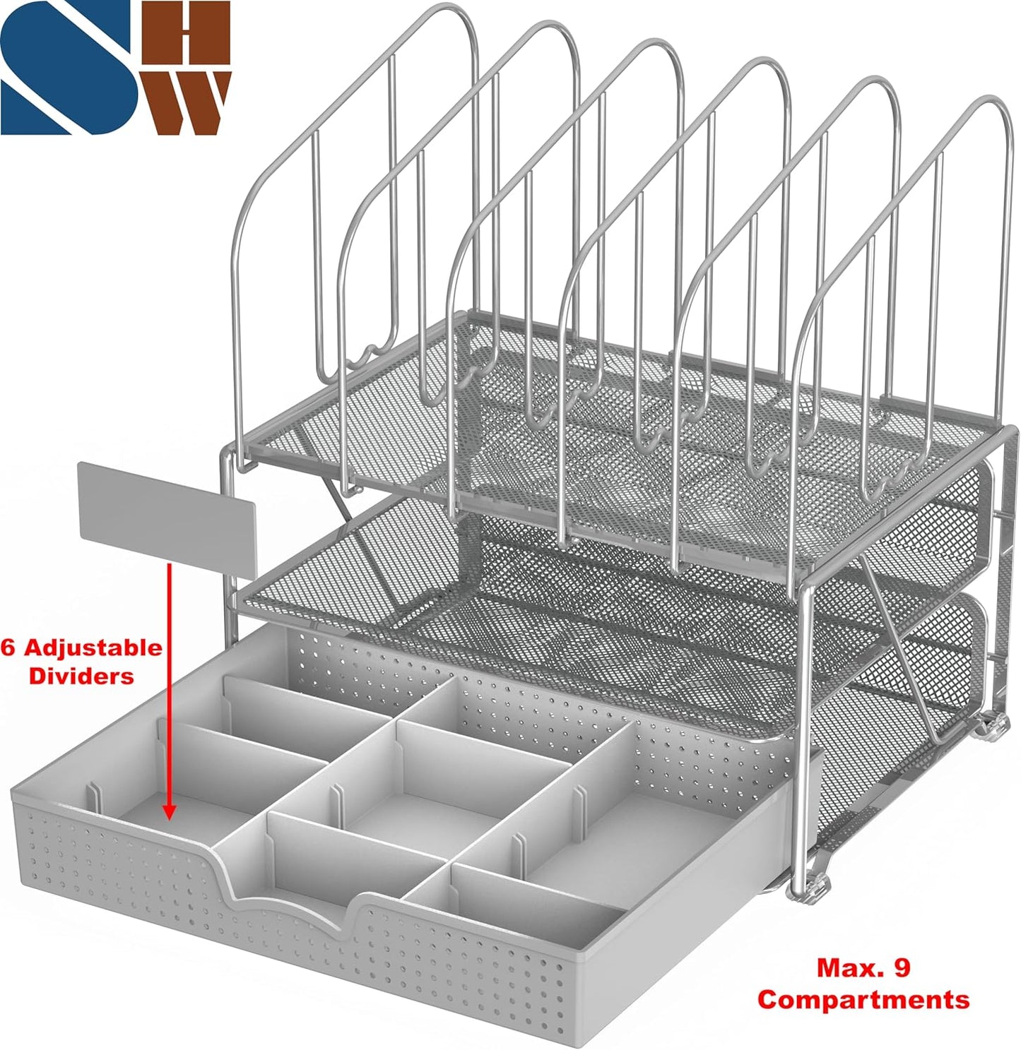 Deco Brothers Mesh Desk Organizer with Double Tray, 5 Upright Sections and Sliding Drawer, Black
