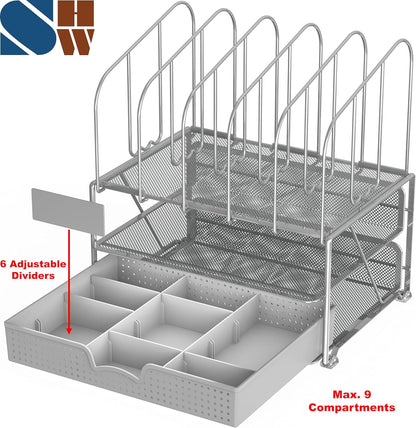 Deco Brothers Mesh Desk Organizer with Double Tray, 5 Upright Sections and Sliding Drawer, Black