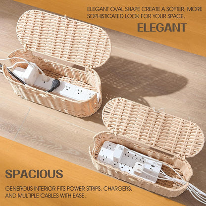 FairyHaus Cable Management Box 2Pack Caramel, Handwoven Large and Small Cable Organizer Box Cover to Hide Cords and Power Strip, Imitation Wicker Cord Organizer Box Hider for Office Desk and Floor