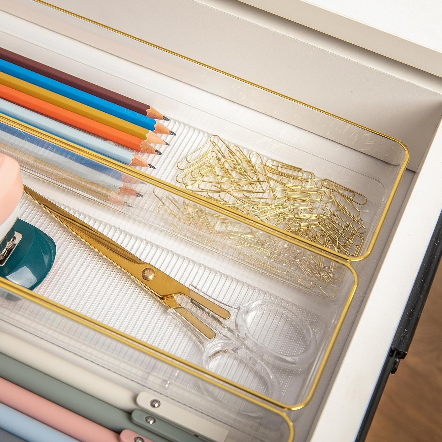 Martha Stewart Kerry Plastic Stackable Office Desk Drawer Organizers, 6" x 3", 6 Pack, with Gold Trim