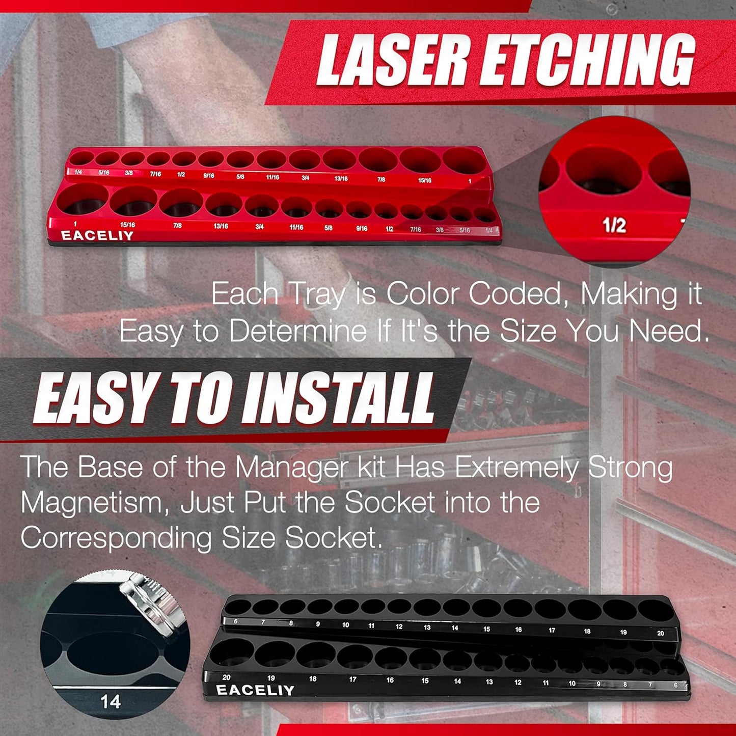 EACELIY 6-Piece Magnetic Socket Organizer Set, 1/2", 1/4" and 3/8" SAE & Metric Deep & Shallow Socket Holder Kit, holds 141 stanard Sockets, attaches to steel box/tool cart (sockets not included)