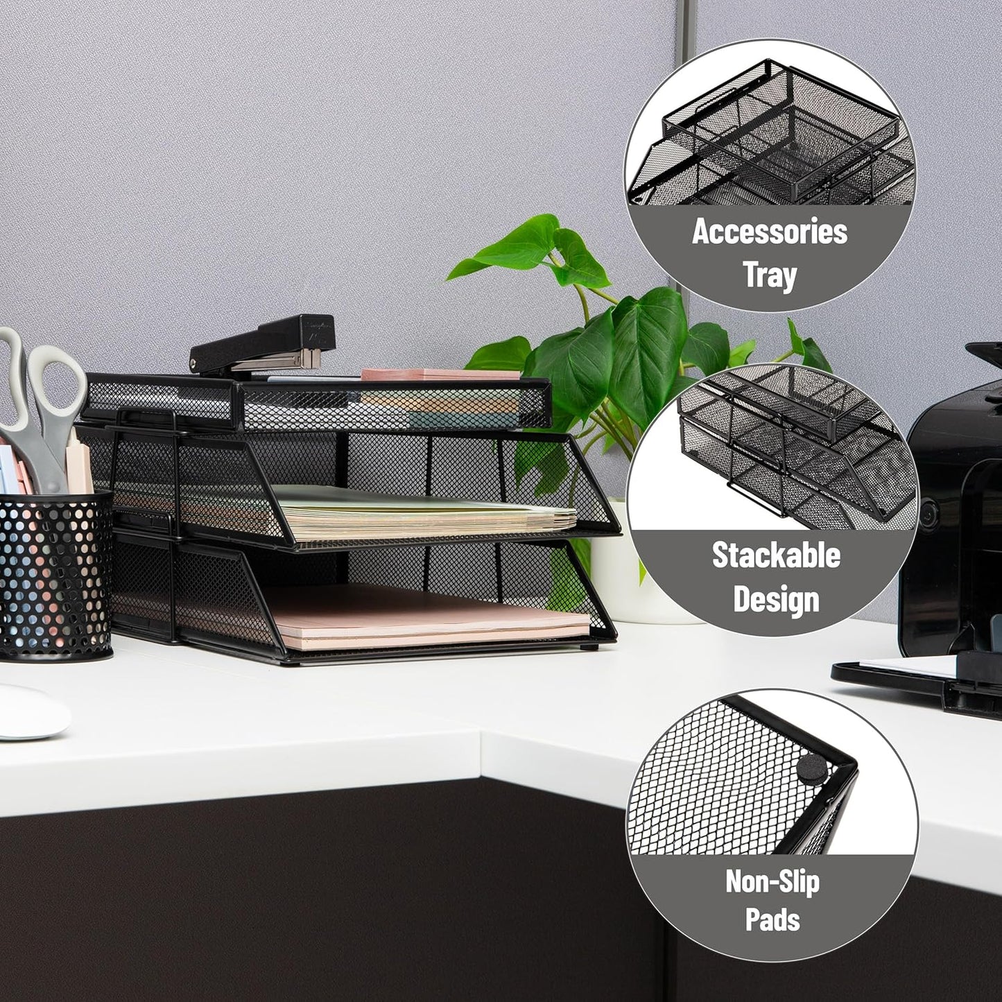 Mind Reader 2 Tier Paper Tray with Top Supply Compartment, Desktop File Organizer, Metal Mesh, Black