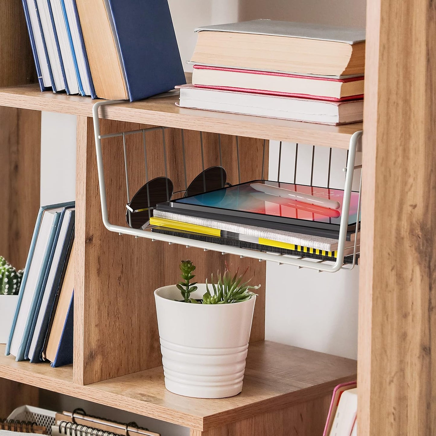 Simple Houseware Under Shelf Basket, White – 2-Pack Space-Saving Storage Organizer for Kitchen, Pantry, Closet, Office – Wire Metal Shelf Organizer, No Tools Required
