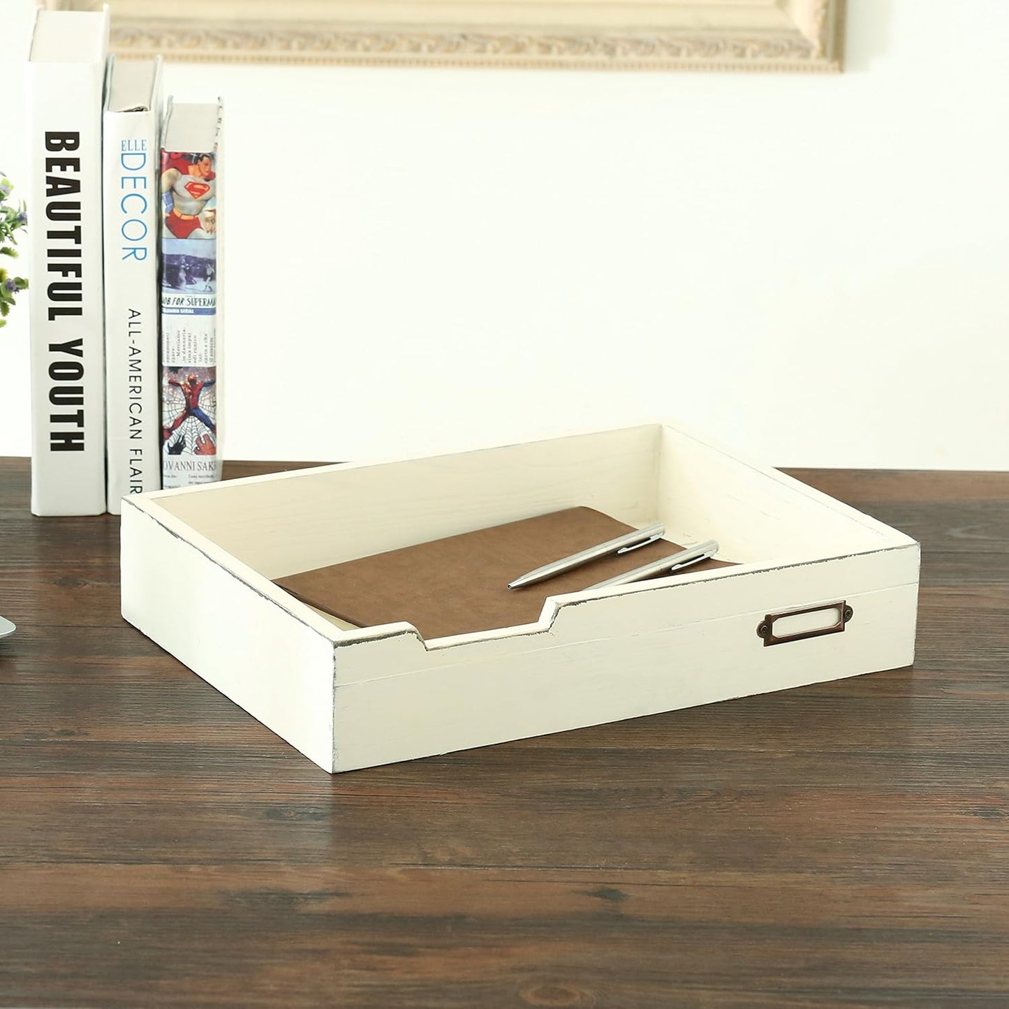 MyGift Distressed Brown Vintage Wood Paper Tray, Office Desktop Document, File Folder, Magazine Holder Tray