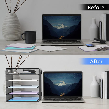 Supeasy 5 Trays Paper Organizer Letter Tray with Handle-Mesh Desk File Holders, Paper Sorter Desk Organizer for Office, Home, Classroom or School, White