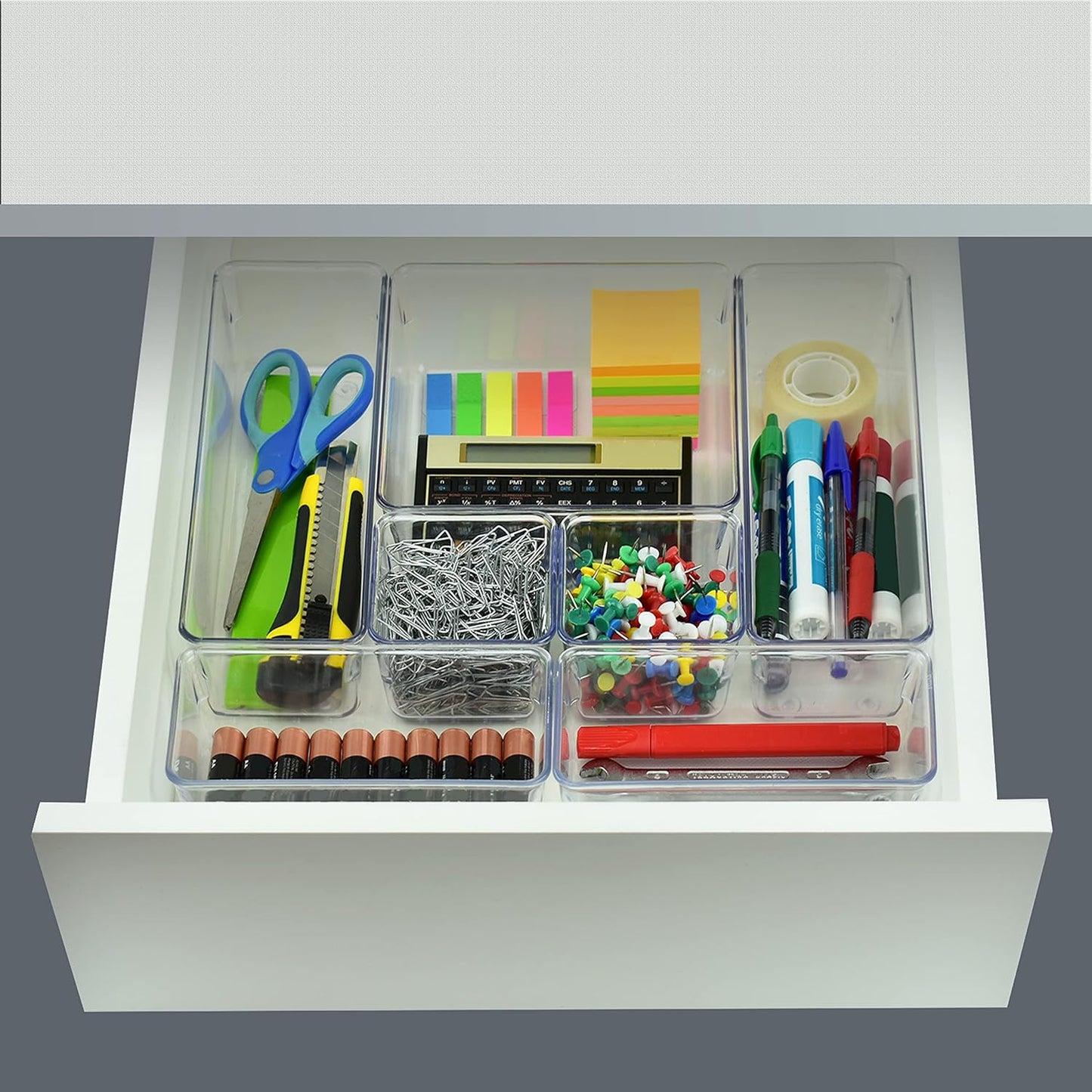 Acrimet 7 Pack Drawer Organizer Modular, Box Tray Storage Bins for Office, Home, Makeup, Kitchen, Junk Drawer (7 Units - 4 Sizes) (Clear Crystal Plastic)