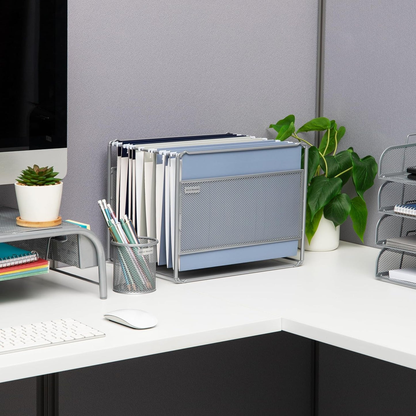 Mind Reader Hanging File Folder Organizer, Desktop Organizer, Storage, Office, Metal Mesh, Silver