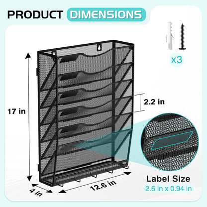 Delifox 7-Compartment Wall Mounted Hanging File Organizer Cubicle Wall File Holder Vertical Document Organizer for Office Home, Black