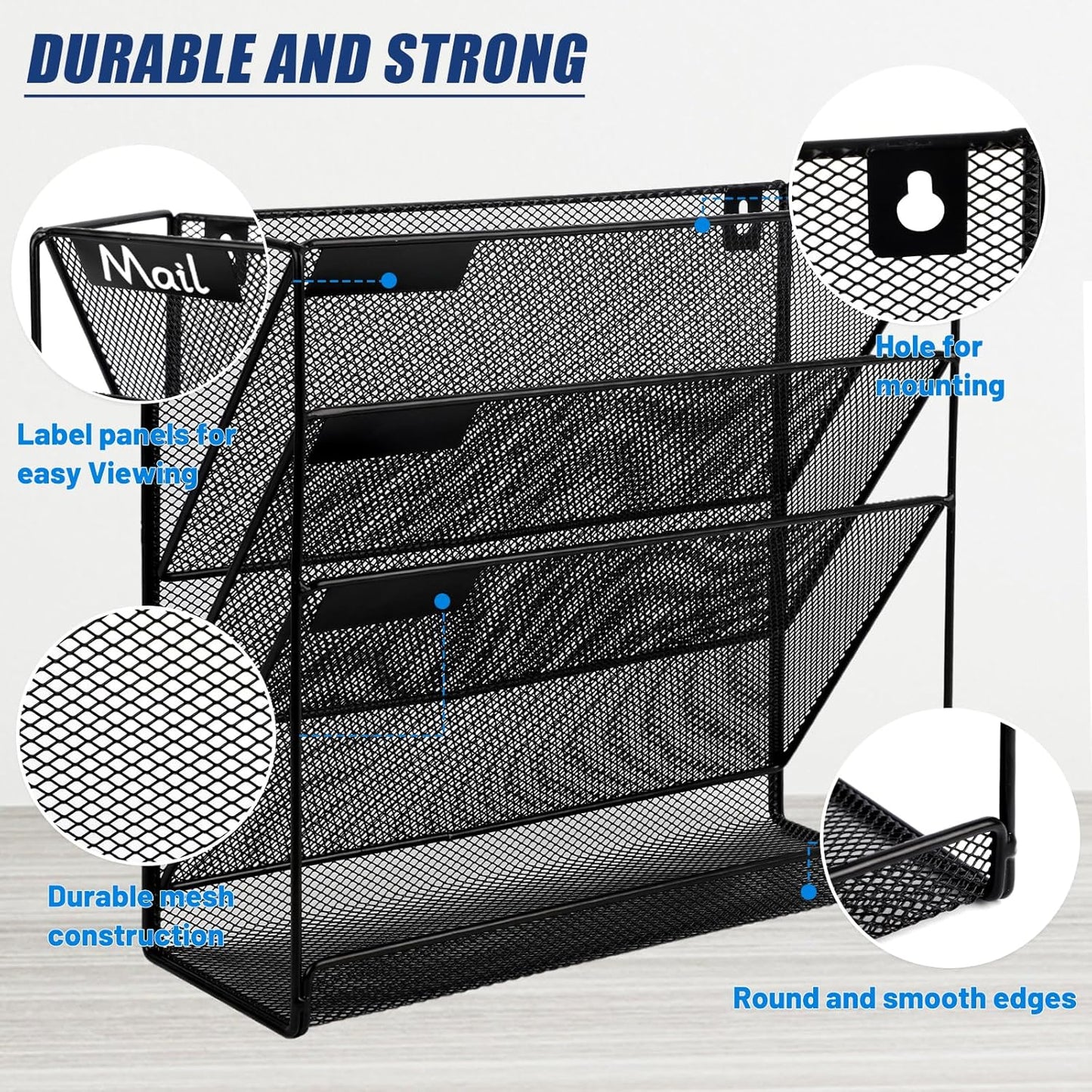 EASEPRES Desk File Organizer Mesh 6-Tier, Hanging Wall Mount Document Organization Stand, Desktop Vertical Mail Paper Folder Holder Rack with Bottom Tray for Office Home Cubicle Countertop, Black