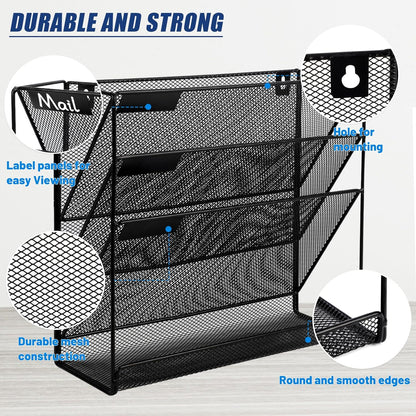 EASEPRES Desk File Organizer Mesh 6-Tier, Hanging Wall Mount Document Organization Stand, Desktop Vertical Mail Paper Folder Holder Rack with Bottom Tray for Office Home Cubicle Countertop, Black
