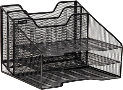 Mind Reader Metal Mesh Desktop File Organizer, 3-Tier Paper Tray with 5 Compartments, Office Mail Sorter, White
