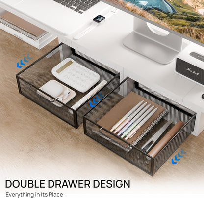 ZIFTY Dual Monitor Stand Riser for 3 Monitors, Desk Organizer with 2 Drawer and Smartphone Holder, Adjustable Length & Angle Workspace Organizers for Monitors Laptop Printer Computer, White