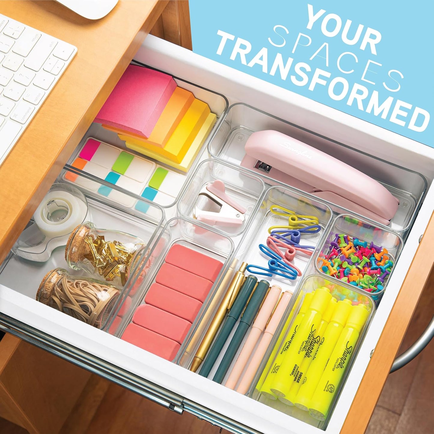 primebox Six Pieces - Clear Plastic Drawer Organizer Bins - Stackable, Non-Slip, 3 Sizes