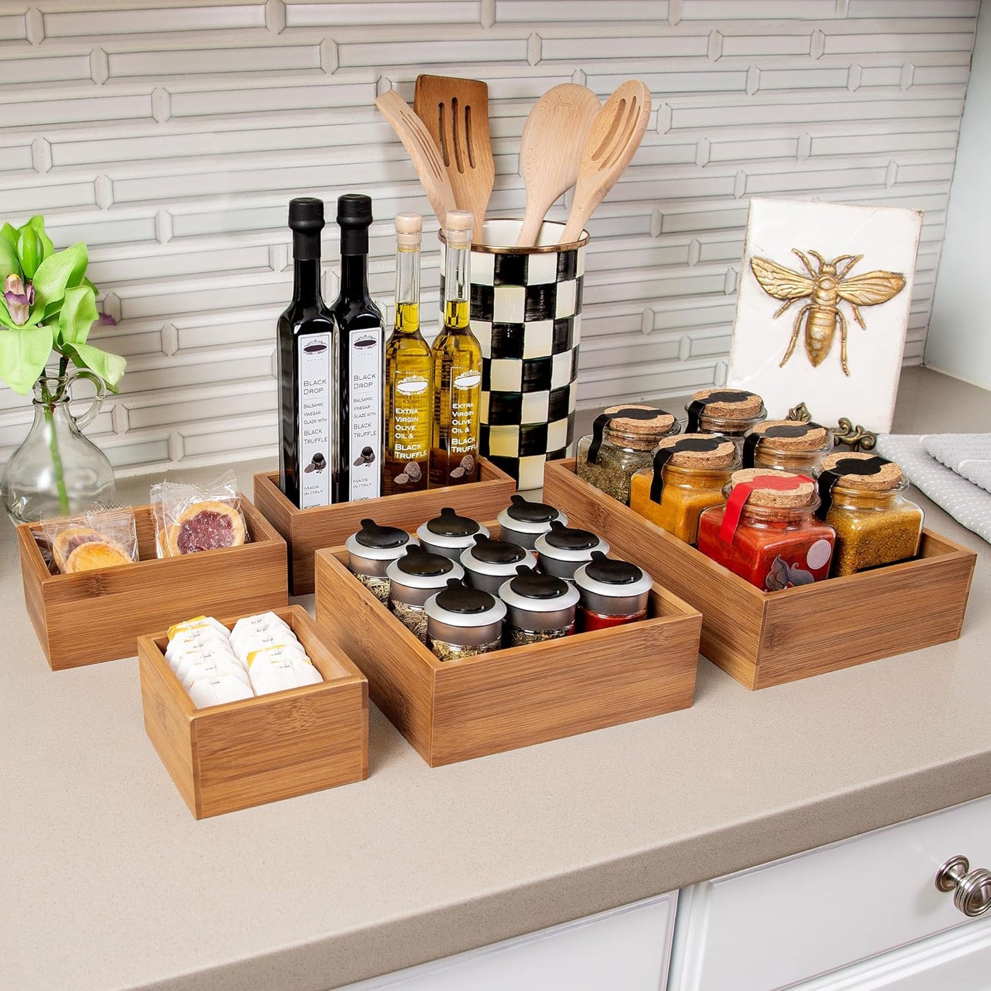Seville Classics Bamboo Premium Organizer Storage Bins for Kitchen Silverware, Pantry, Closet, Office Desk, Pens, Utensils, Makeup, K Cup, Bamboo, Bag Holder Bin Set (4 Piece)