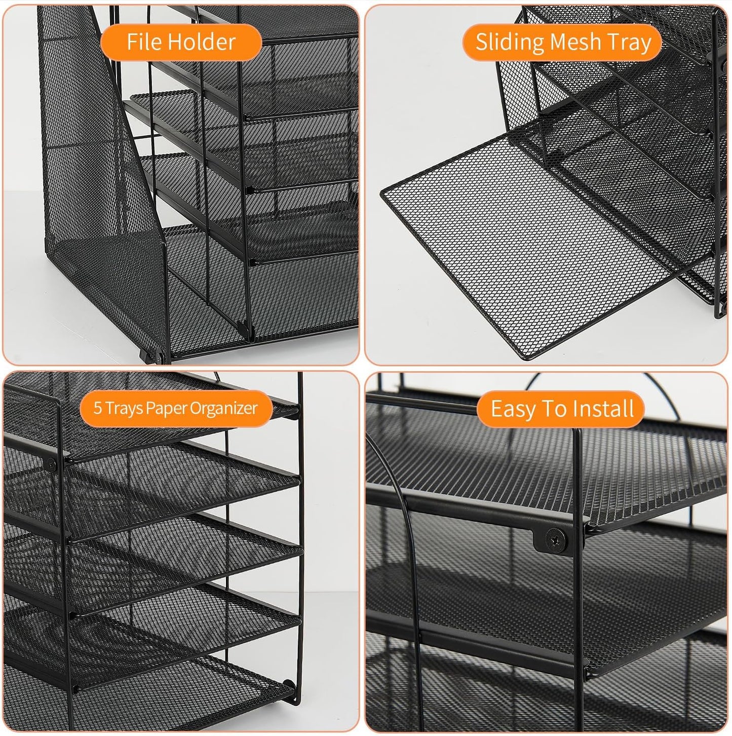 LEKETREE Desk Organizers and Accessories, 5-Tier Paper Letter Tray Organizer with File Holder, Desktop Organizer for Office Supplies (Black)
