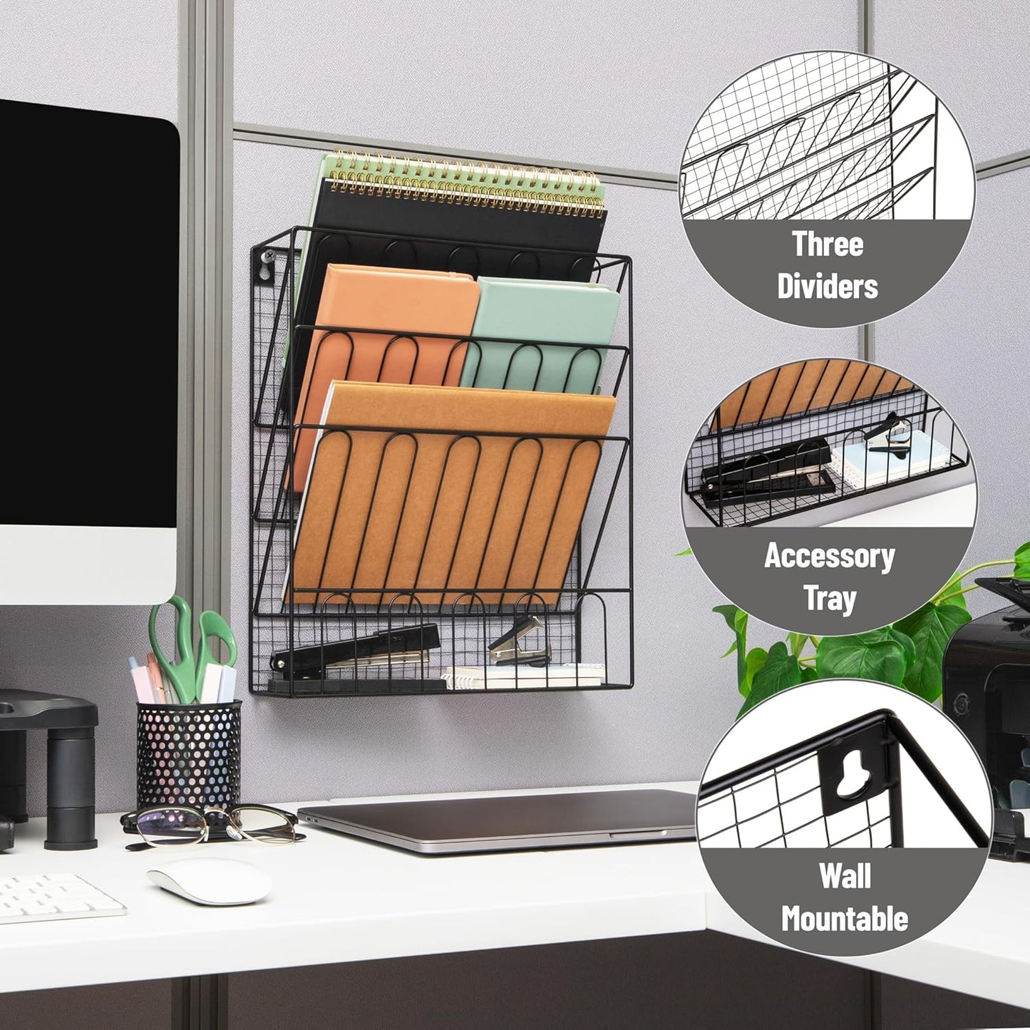 Mind Reader 5-Pocket Vertical File Storage, Desktop Organizer, Wall Mount, Office, Metal Mesh, Pink