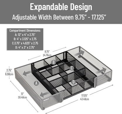 Mind Reader Expandable Mesh Desk Drawer Organizer, Adjustable from 9.25" to 17.125", Office Supply Storage Tray, Makeup Organizer, Black