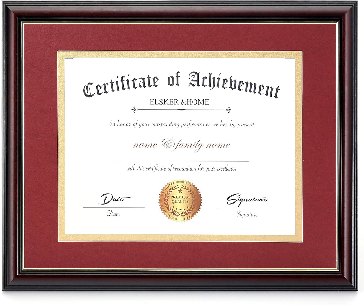 ELSKER&HOME Diploma Frame - Wide Solid Wood Frame - Black Velvet Golden Rim Mat - Semi-Tempered Glass - Includes Hanging Hardware and Desktop Easel(ONLY Display 11×14 Document/Certificate)