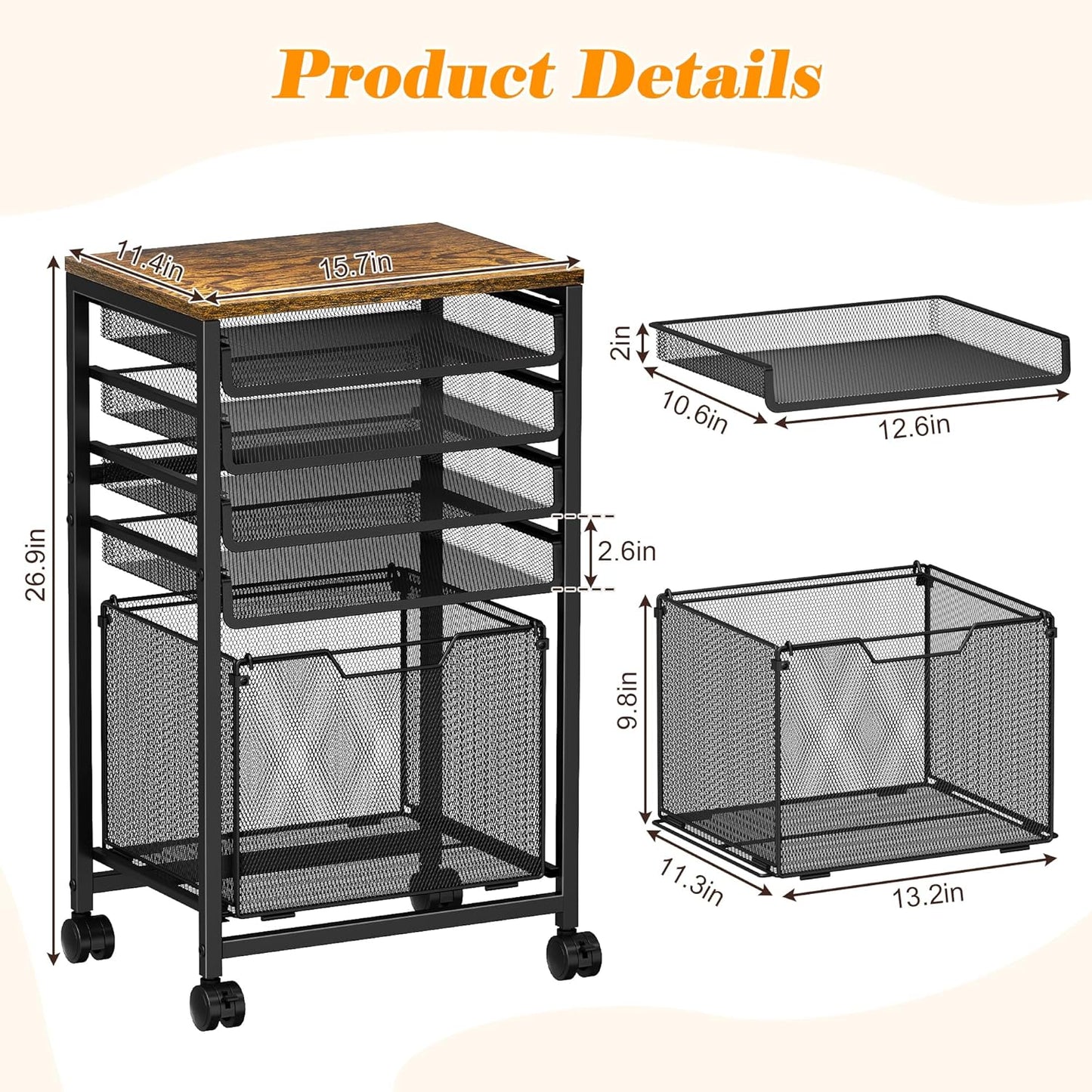 5-Tier Rolling File Cart Under Desk with Drawers, File Cabinet Organizer for Hanging File Folders, Letter-Size File Storage with Wheels, Multi-Layer Mobile Filing Cabinet for Under Desk Storage