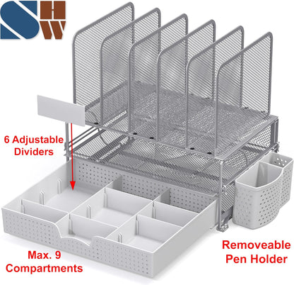 Simple Houseware Mesh Desk Organizer with Sliding Drawer, Double Tray and 5 Upright Sections, Black