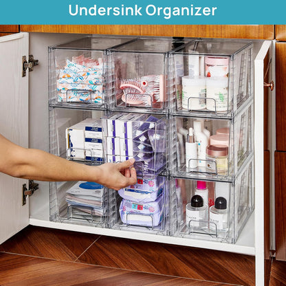 Vtopmart 4 Pack Large Stackable Storage Drawers,Easily Assemble Acrylic Bathroom Closet Undersink Organizers and Storage,Plastic Bins for Kitchen Cabinets,Pantry,Makeup,Medicine Organization