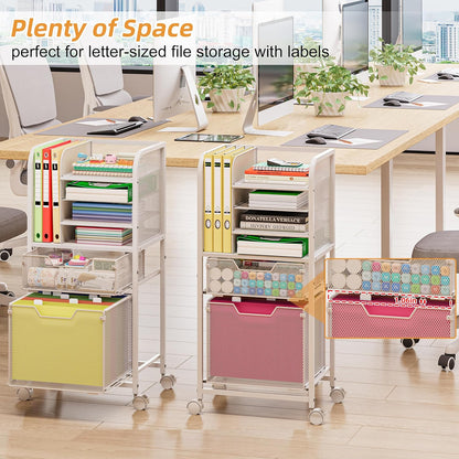 5-Tier Rolling File Cart Under Desk with Drawers, File Cabinet Organizer for Hanging File Folders, Letter-Size File Storage with Wheels, Multi-Layer Mobile Filing Cabinet for Under Desk Storage