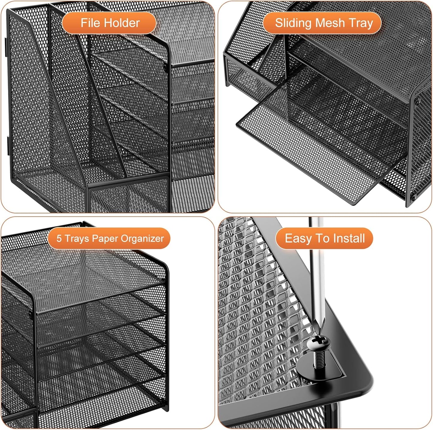 Marbrasse Desk Organizer with File Holder, 5-Tier Paper Letter Tray Organizer with Drawer and 2 Pen Holder, Mesh Desktop Organizer and Storage with Magazine Holder for Office Supplies(Black)