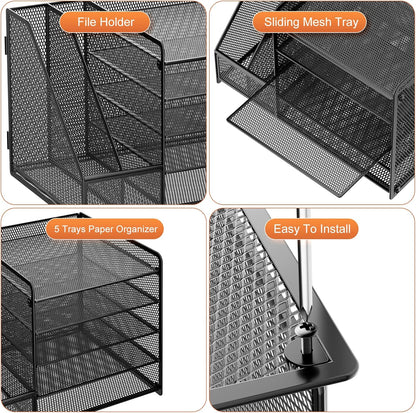 Marbrasse Desk Organizer with File Holder, 5-Tier Paper Letter Tray Organizer with Drawer and 2 Pen Holder, Mesh Desktop Organizer and Storage with Magazine Holder for Office Supplies(Black)