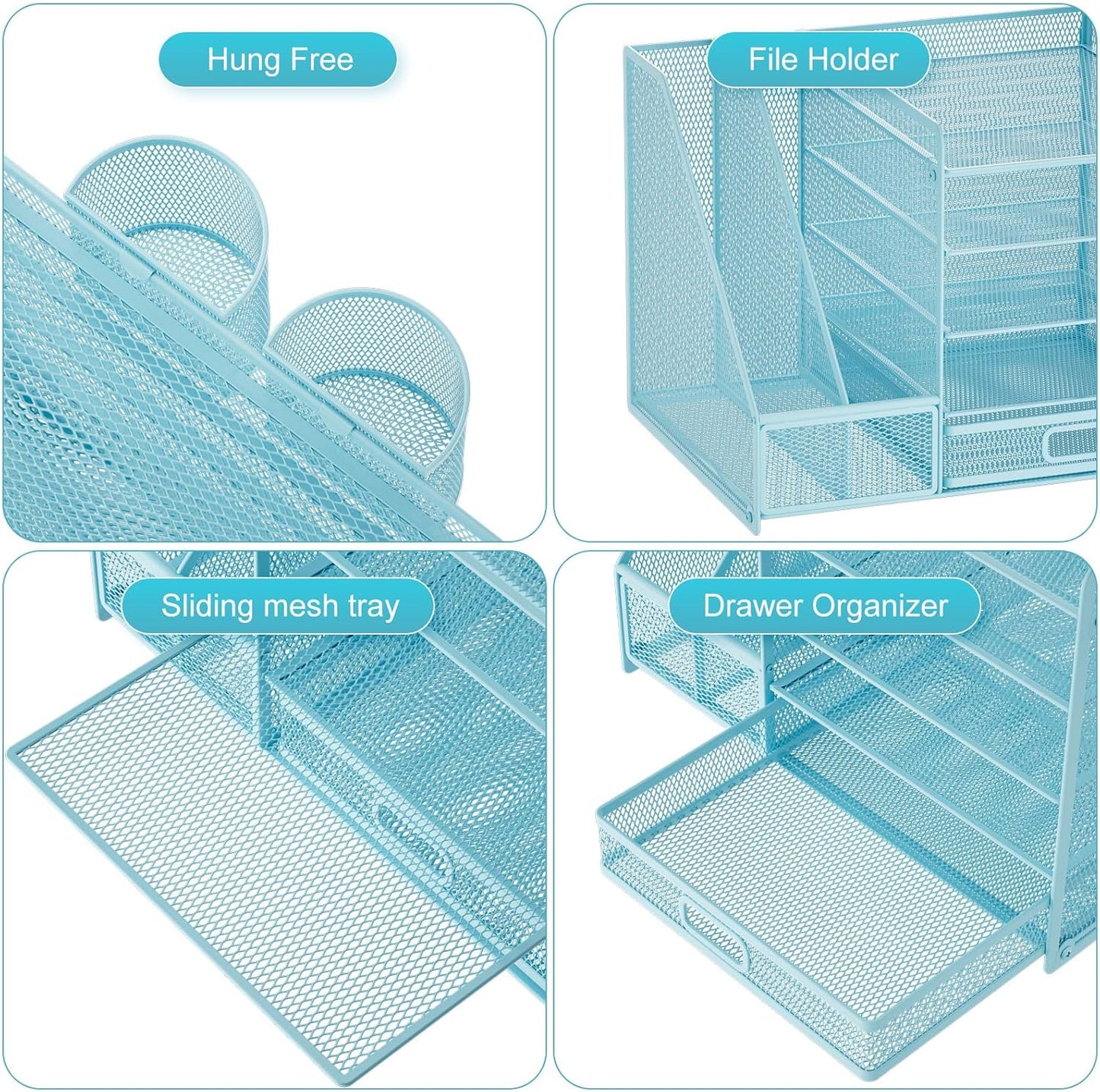 Marbrasse Desk Organizer with File Holder, 5-Tier Paper Letter Tray Organizer with Drawer and 2 Pen Holder, Mesh Desktop Organizer and Storage with Magazine Holder for Office Supplies(Black)