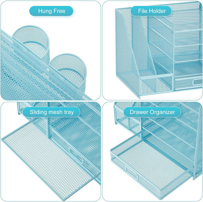 Marbrasse Desk Organizer with File Holder, 5-Tier Paper Letter Tray Organizer with Drawer and 2 Pen Holder, Mesh Desktop Organizer and Storage with Magazine Holder for Office Supplies(Black)