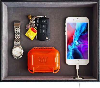 Valet Tray with Charging Station - PU Leather Nightstand Organizer for Men and Women, Desk Catchall Tray for Keys, Jewelry