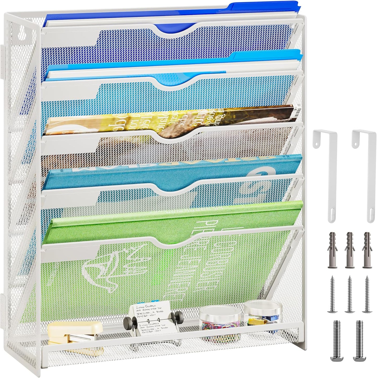 Lavatino 6-Tier Hanging File Organizer, Wall Mount File Holder for Mails Folders Papers Magazine Organization, Vertical Document Organizer for Office Home - (White)