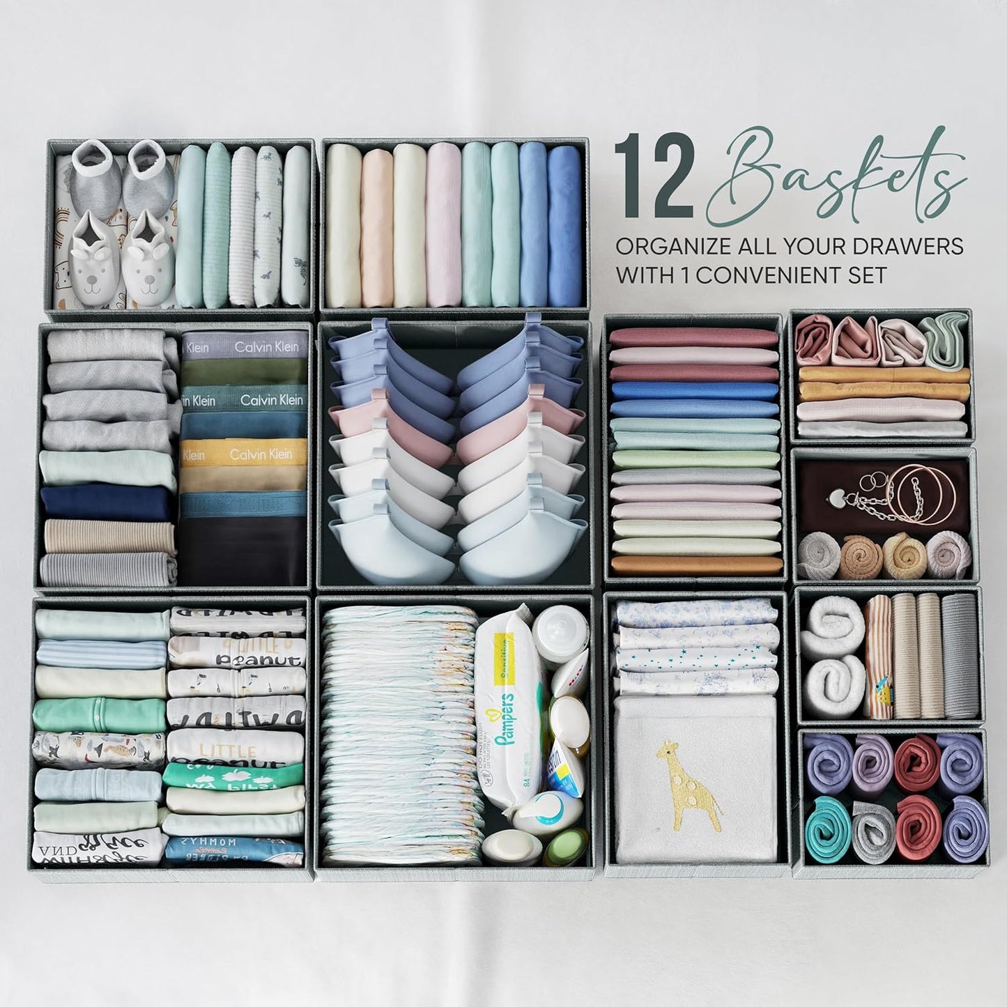Drawer Organizer Clothes Set of 12 Grey - Dresser Organizer For Nursery, Bedroom, Closet - The Perfect Baby Clothes Organizer and Storage & General Nursery Organization or Dresser Drawer Organizers