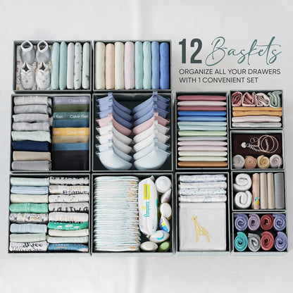 Drawer Organizer Clothes Set of 12 Grey - Dresser Organizer For Nursery, Bedroom, Closet - The Perfect Baby Clothes Organizer and Storage & General Nursery Organization or Dresser Drawer Organizers